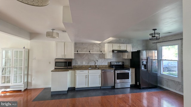14743 Tamarack Pl, Woodbridge, VA 22191 - kitchen featuring appliances with stainless steel finishes, open shelves, white cabinetry, and dark wood-type flooring