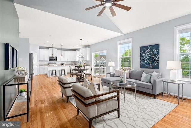 161 Stonecrest Cir, Keedysville, MD 21756 - living room featuring ceiling fan, plenty of natural light, light wood finished floors, lofted ceiling, and recessed lighting