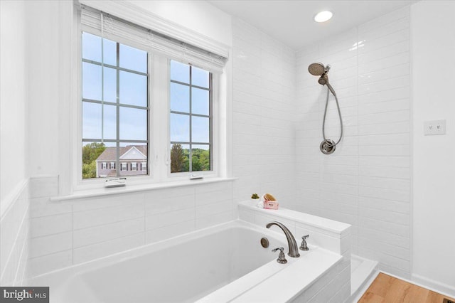 161 Stonecrest Cir, Keedysville, MD 21756 - full bathroom with a bath, tiled shower, wood finished floors, and recessed lighting