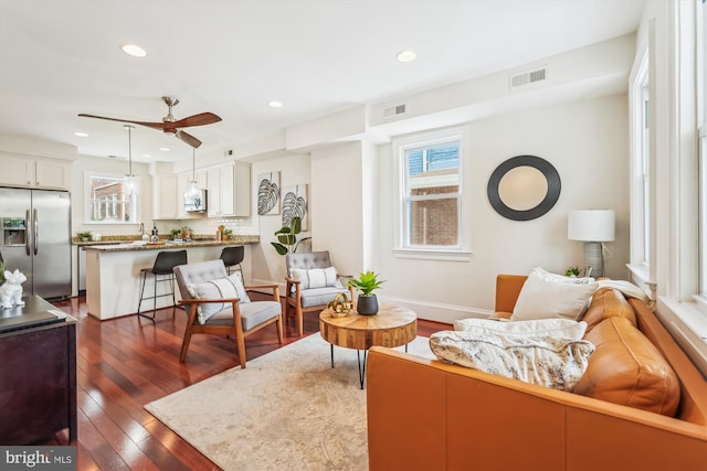 519 Somerset Pl NW, Washington, DC 20011 - living room featuring dark wood-style floors, recessed lighting, a ceiling fan, and baseboards