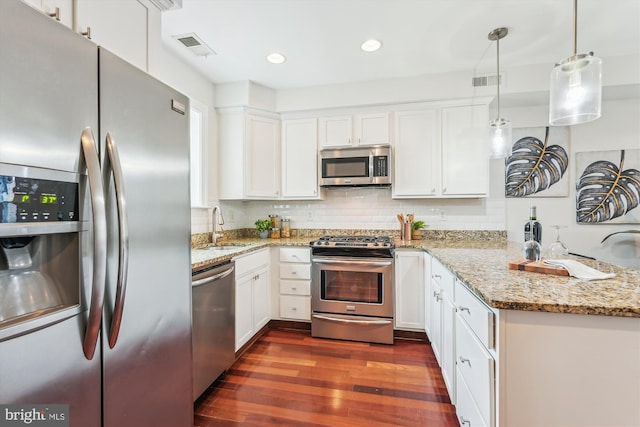 519 Somerset Pl NW, Washington, DC 20011 - kitchen with appliances with stainless steel finishes, a sink, a peninsula, dark wood-style floors, and white cabinets