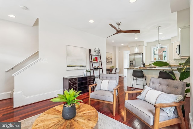 519 Somerset Pl NW, Washington, DC 20011 - living room with wood finished floors, a ceiling fan, recessed lighting, and baseboards