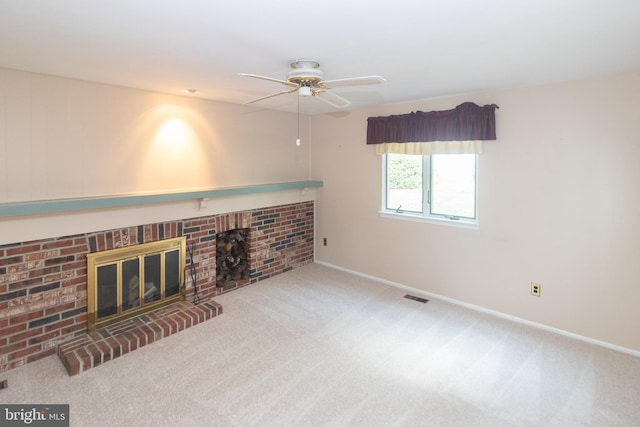 104 Dorado Dr, Delran, NJ 08075 - unfurnished living room with carpet floors, a ceiling fan, visible vents, and a fireplace
