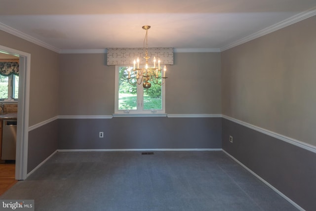 104 Dorado Dr, Delran, NJ 08075 - spare room with an inviting chandelier, crown molding, visible vents, baseboards, and dark carpet