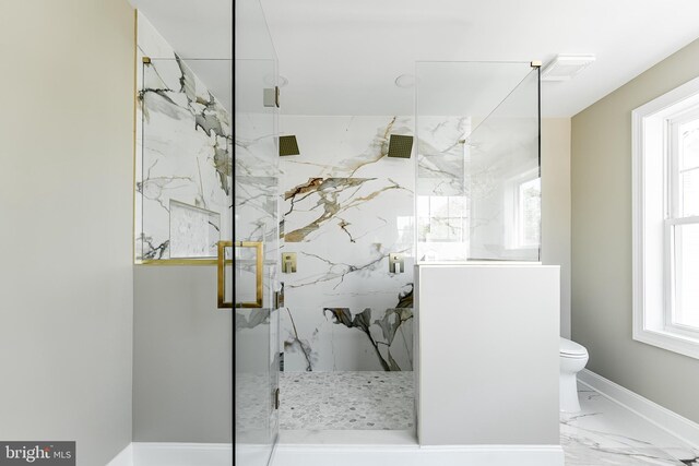 204 Barclay St, Burlington, NJ 08016 - bathroom featuring a marble finish shower, baseboards, toilet, and marble finish floor