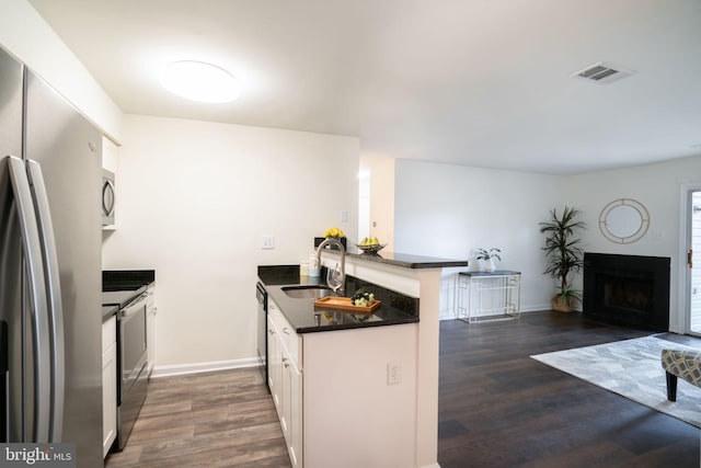 8607 Beekman Pl Unit 7B, Alexandria, VA 22309 - kitchen featuring appliances with stainless steel finishes, a sink, dark countertops, a peninsula, and a fireplace with flush hearth