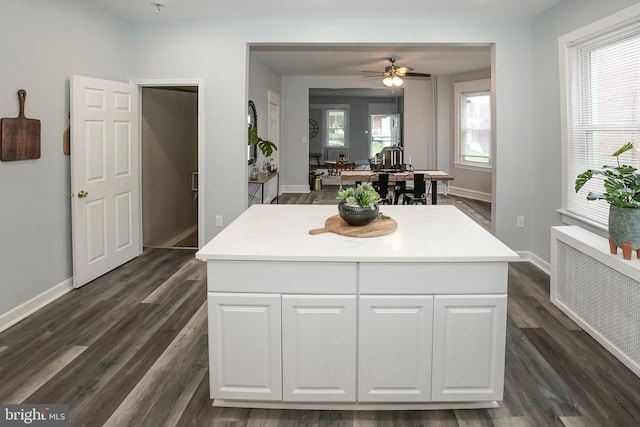 bathroom with ceiling fan, wood finished floors, baseboards, vanity, and radiator heating unit