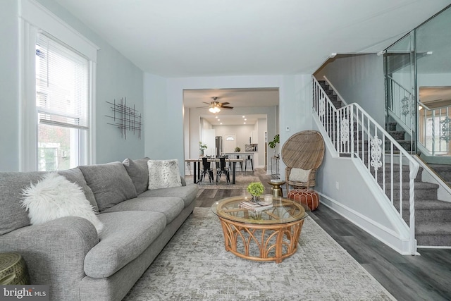 living room with plenty of natural light, a ceiling fan, stairs, and wood finished floors