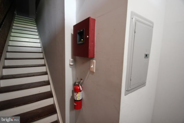 stairs featuring electric panel