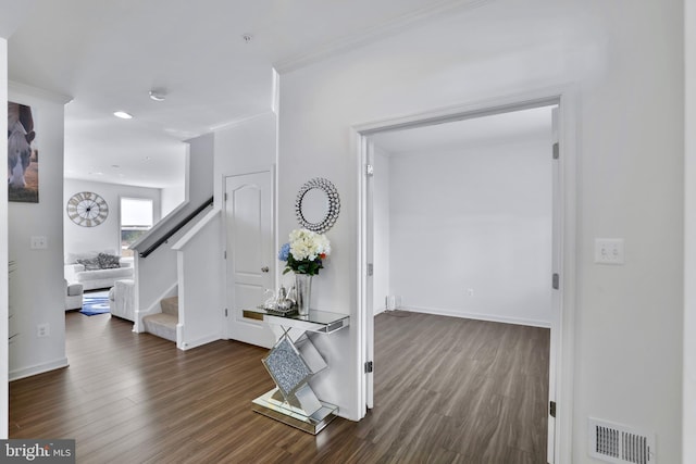 foyer with stairs, recessed lighting, baseboards, dark wood-type flooring, and visible vents