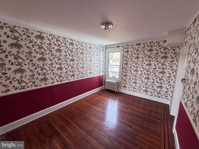 4702 Kernwood Ave, Baltimore, MD 21212 - unfurnished room featuring radiator, wallpapered walls, crown molding, wood finished floors, and baseboards