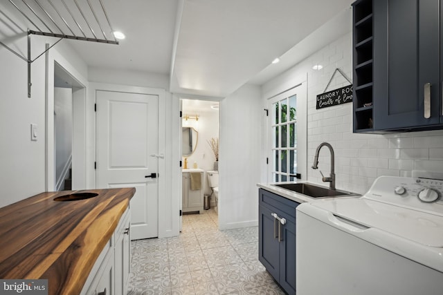 48 Evergreen Ln, Burlington, NJ 08016 - laundry room featuring cabinet space, light tile patterned flooring, a sink, recessed lighting, and washer / dryer