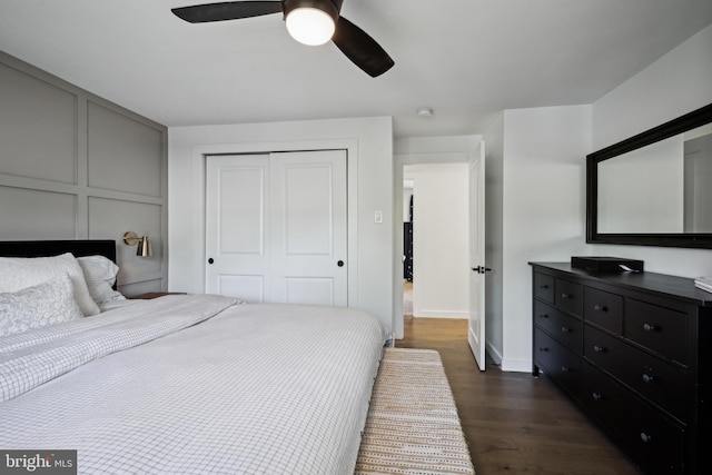 48 Evergreen Ln, Burlington, NJ 08016 - bedroom featuring a closet, a ceiling fan, dark wood-style flooring, and baseboards