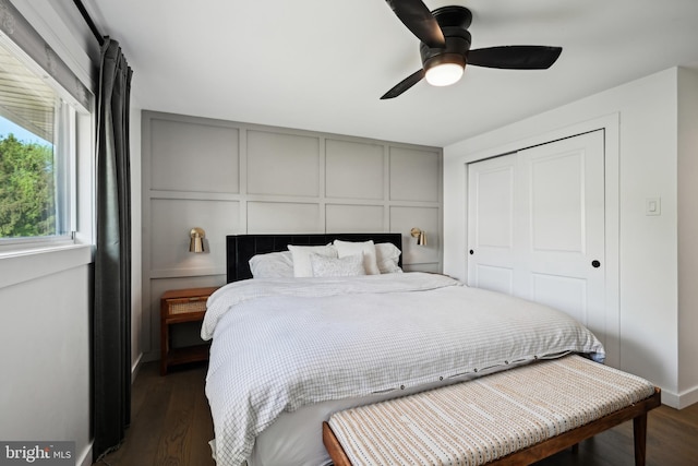 48 Evergreen Ln, Burlington, NJ 08016 - bedroom featuring a closet, ceiling fan, dark wood-type flooring, and a decorative wall