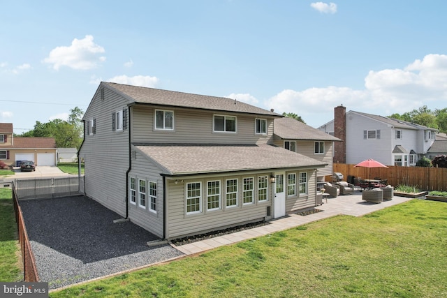 48 Evergreen Ln, Burlington, NJ 08016 - back of house with a patio, a fenced backyard, an outdoor living space, a shingled roof, and a yard