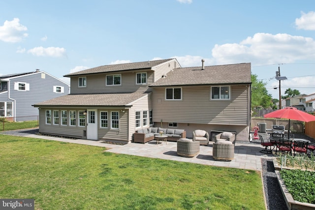 48 Evergreen Ln, Burlington, NJ 08016 - back of property with a patio, a shingled roof, a yard, and outdoor lounge area