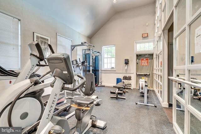 exercise room featuring french doors and lofted ceiling