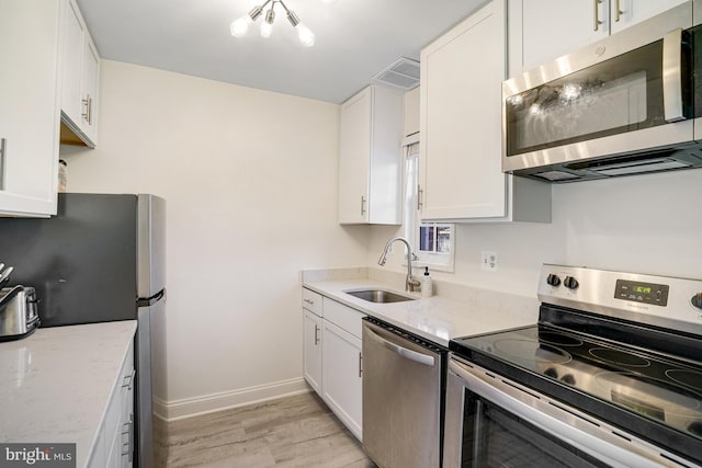 kitchen featuring white cabinets, a sink, light wood-style flooring, stainless steel appliances, and baseboards