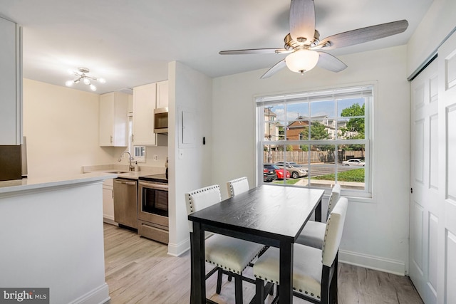 kitchen featuring stainless steel appliances, baseboards, a sink, and light wood-style flooring