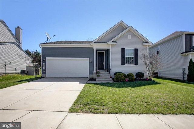 ranch-style house featuring concrete driveway, an attached garage, central AC unit, and a front lawn