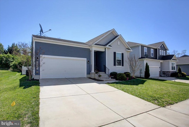 ranch-style house featuring a garage, concrete driveway, and a front lawn