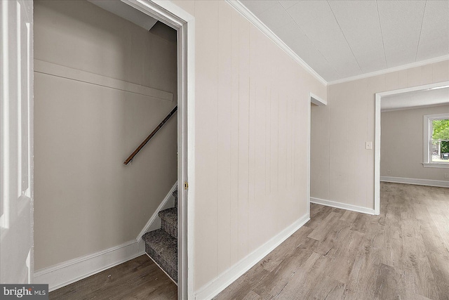 2708 Old Ocean City Rd, Salisbury, MD 21804 - staircase with crown molding, wood finished floors, and baseboards