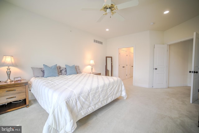 bedroom with visible vents, recessed lighting, carpet, and baseboards