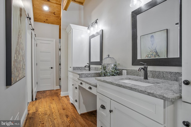 bathroom featuring double vanity, wood finished floors, baseboards, and a sink