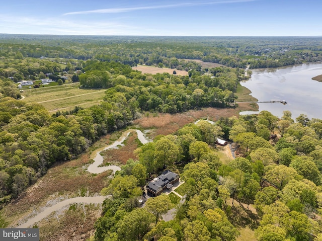 bird's eye view featuring a wooded view and a water view