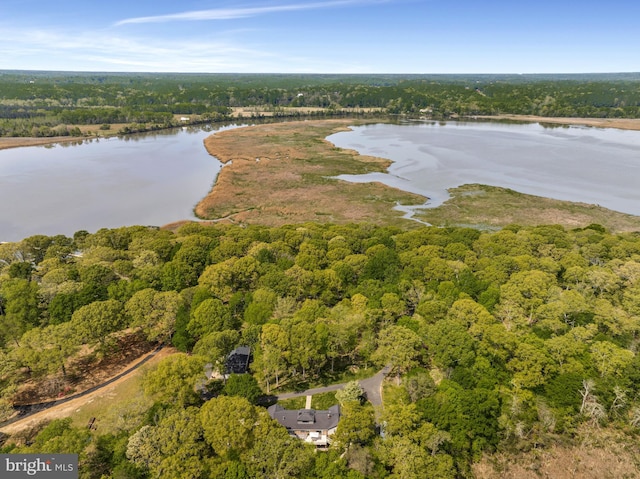 aerial view featuring a wooded view and a water view