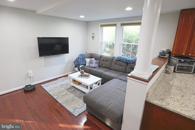 221 Arundel Rd, Pasadena, MD 21122 - living area featuring baseboards, decorative columns, recessed lighting, and hardwood / wood-style floors
