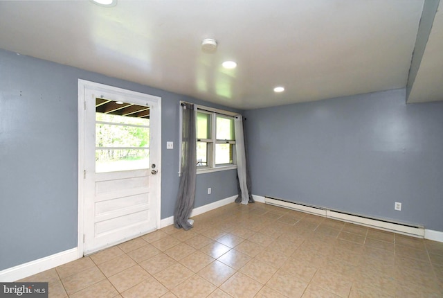 entrance foyer with recessed lighting, baseboards, light tile patterned floors, and a baseboard radiator