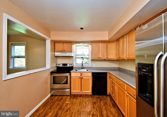 kitchen featuring a sink, baseboards, dark wood-style floors, under cabinet range hood, and stainless steel appliances