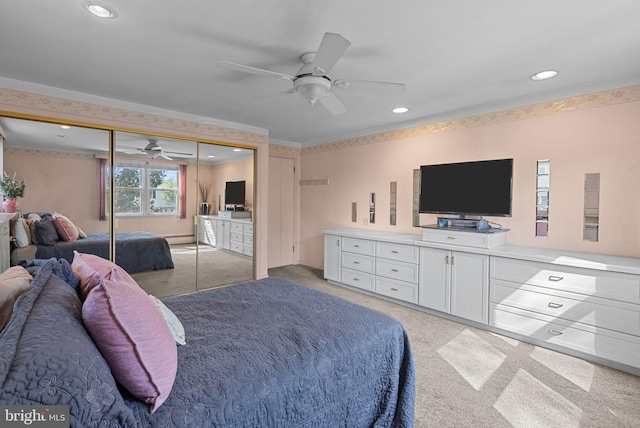 bedroom featuring ceiling fan, light colored carpet, recessed lighting, a baseboard radiator, and ornamental molding
