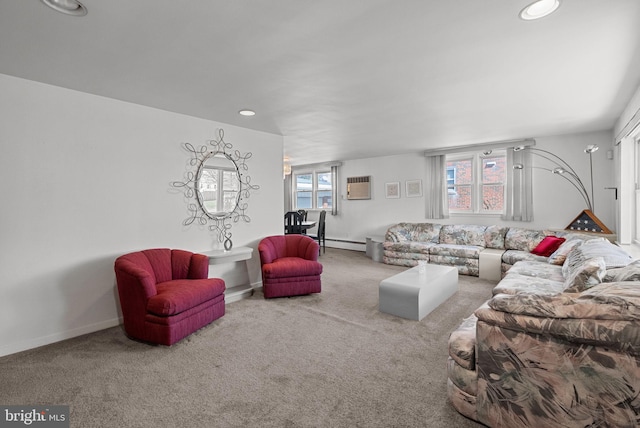 carpeted living area featuring baseboards, baseboard heating, an AC wall unit, and recessed lighting