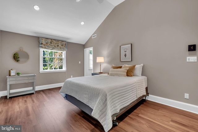 302 Maple Ln, Severna Park, MD 21146 - bedroom featuring baseboards, lofted ceiling, wood finished floors, and recessed lighting