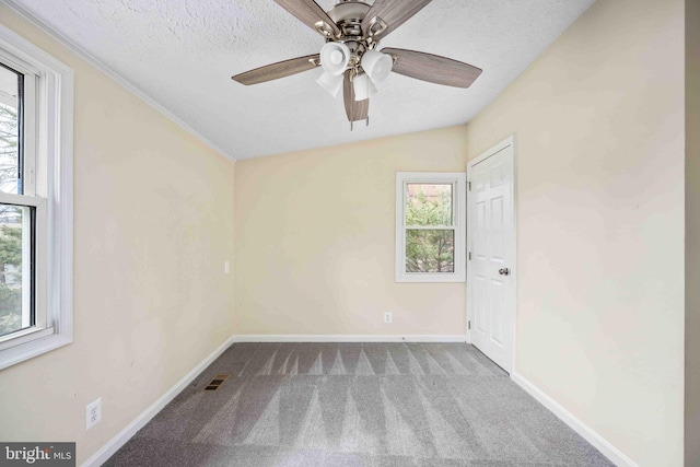 carpeted empty room featuring baseboards, ceiling fan, a textured ceiling, and a wealth of natural light