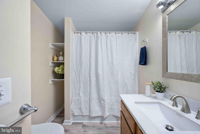 bathroom with vanity, toilet, and wood finished floors