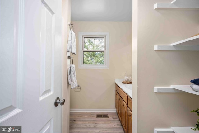 bathroom featuring baseboards, visible vents, wood finished floors, and vanity