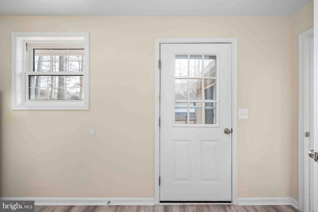 doorway to outside featuring baseboards, a healthy amount of sunlight, and wood finished floors