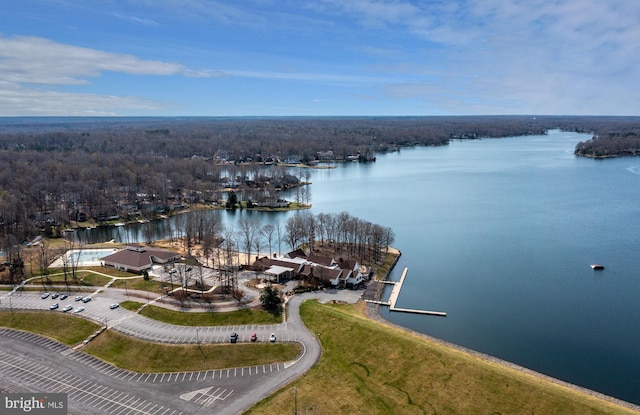 aerial view featuring a water view and a wooded view
