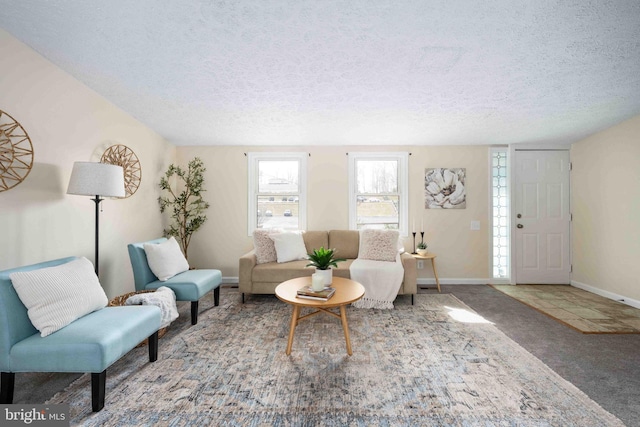 living area featuring baseboards, carpet flooring, and a textured ceiling