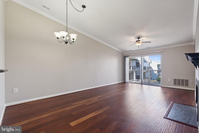 20583 Snowshoe Sq Unit 301, Ashburn, VA 20147 - unfurnished living room featuring a ceiling fan, wood finished floors, baseboards, a chandelier, and ornamental molding