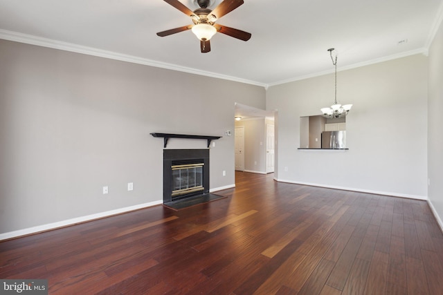 20583 Snowshoe Sq Unit 301, Ashburn, VA 20147 - unfurnished living room with dark wood finished floors, a fireplace with flush hearth, a chandelier, baseboards, and crown molding