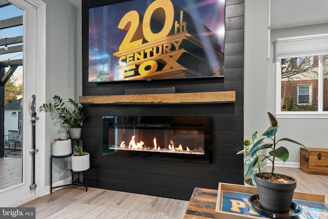 room details featuring baseboards, a glass covered fireplace, and wood finished floors