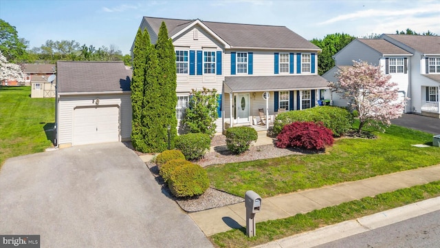 view of front of house featuring a porch, an attached garage, a front lawn, and aphalt driveway