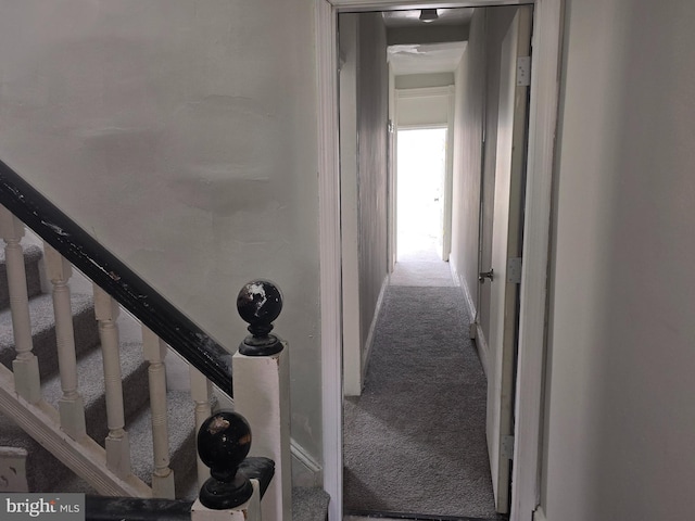 hall featuring stairway and carpet