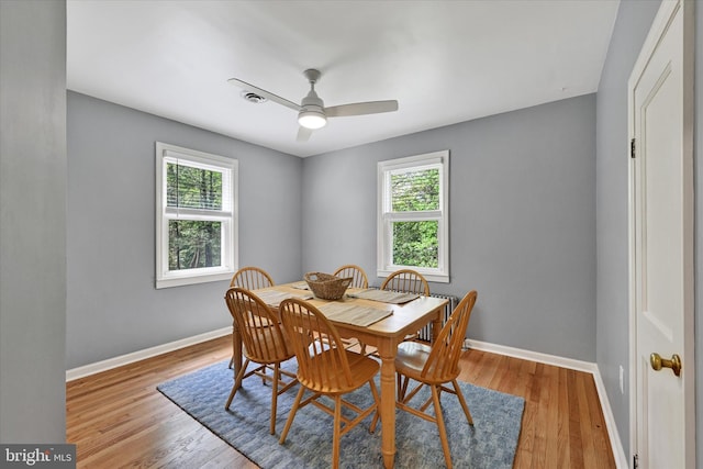 dining area featuring baseboards, a ceiling fan, wood finished floors, and a wealth of natural light