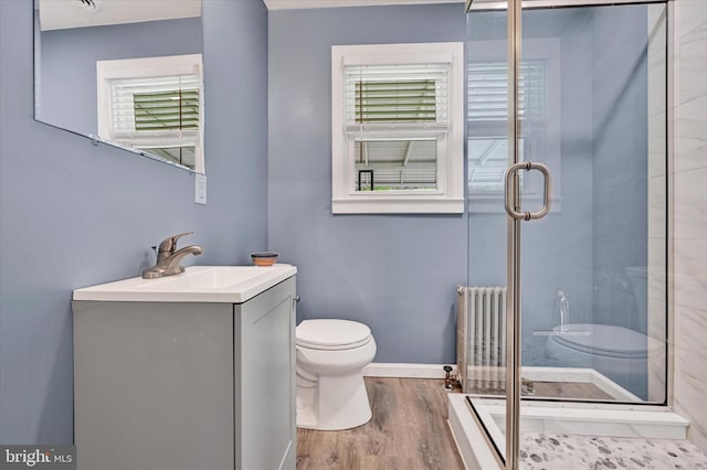 full bathroom with toilet, a wealth of natural light, radiator, and a stall shower