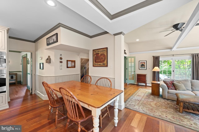 dining room with a ceiling fan, recessed lighting, ornamental molding, and wood finished floors